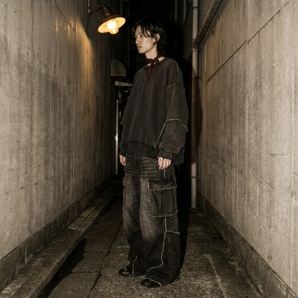 Oversized washed streetwear layers photographed in a narrow Japanese alley